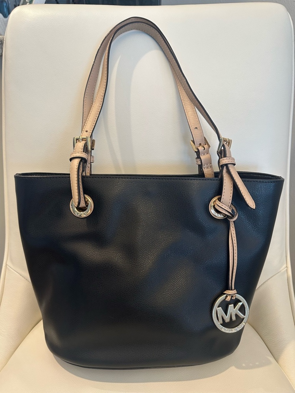 Michael Kors Black Tote with Blush Handles and MK Charm